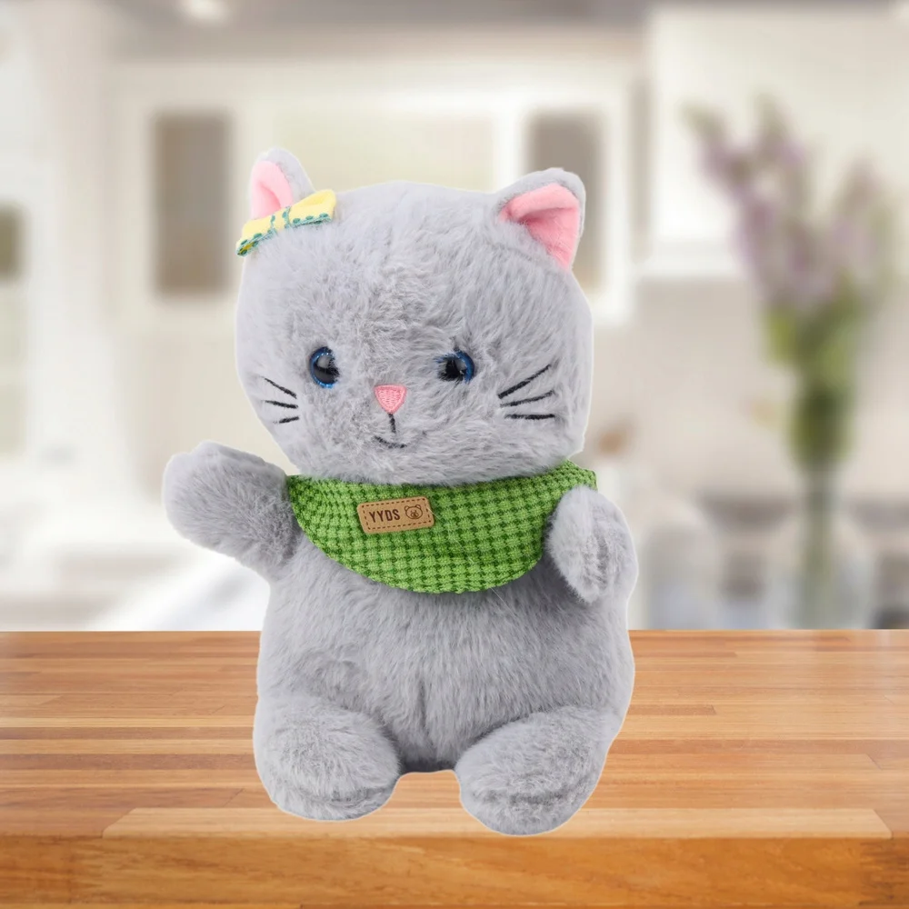 Pluszowa Maskotka Przytulanka Kot Szary Zielona Apaszka Kokardka 22cm