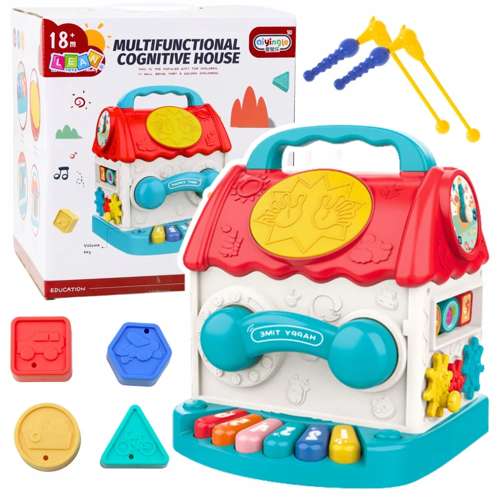 Domek Edukacyjny Kostka Interaktywna Grzechotka Sorter Dźwięki Kolorowy